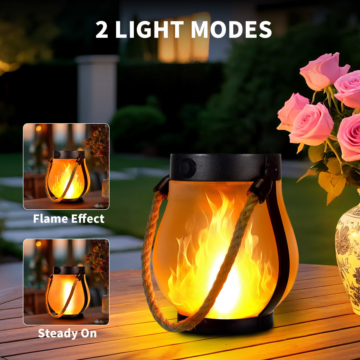 SANMOON 2 Pack Solar Flame Lantern Lights | Outdoor Flickering Flame Hanging Lanterns with USB & Solar Charging