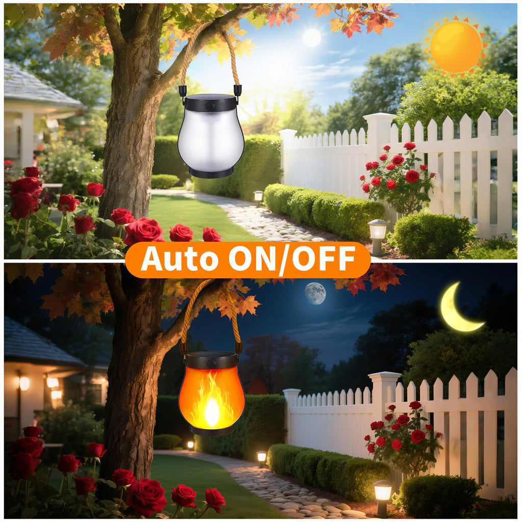 SANMOON 2 Pack Solar Flame Lantern Lights | Outdoor Flickering Flame Hanging Lanterns with USB & Solar Charging