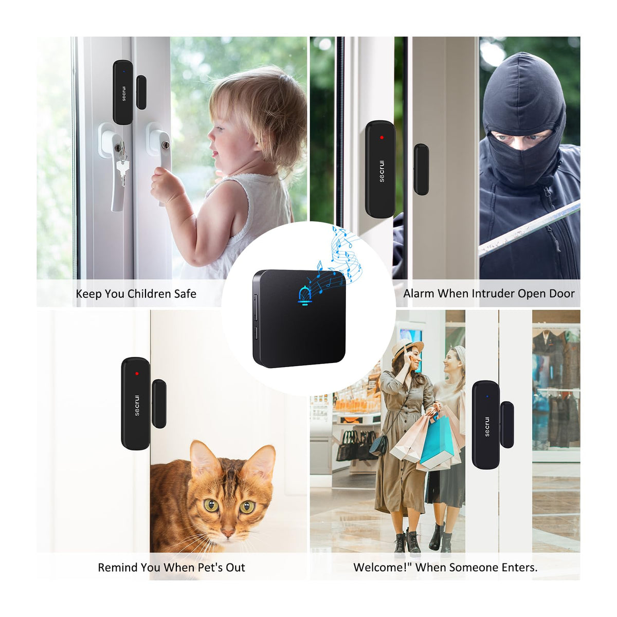 SECRUI Door Chime (2 Sensors) — Wireless Door Alarm, 500ft Range, 32 Ringtones