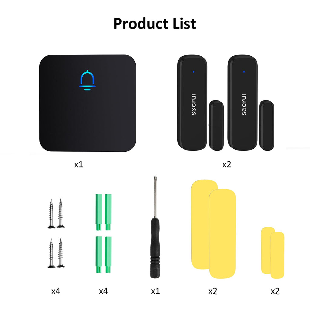 SECRUI Door Chime (2 Sensors) — Wireless Door Alarm, 500ft Range, 32 Ringtones