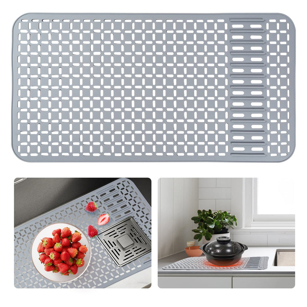 Sentoda Silicone Sink Mat 26x14 Inches – DIY Drain Hole, Large Grey Farmhouse Kitchen Sink Protector
