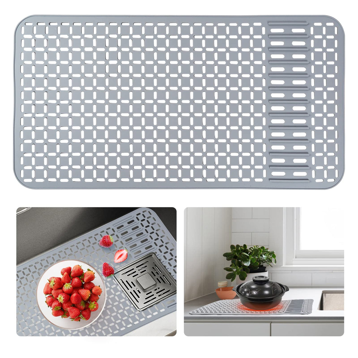 Sentoda Silicone Sink Mat 26x14 Inches – DIY Drain Hole, Large Grey Farmhouse Kitchen Sink Protector
