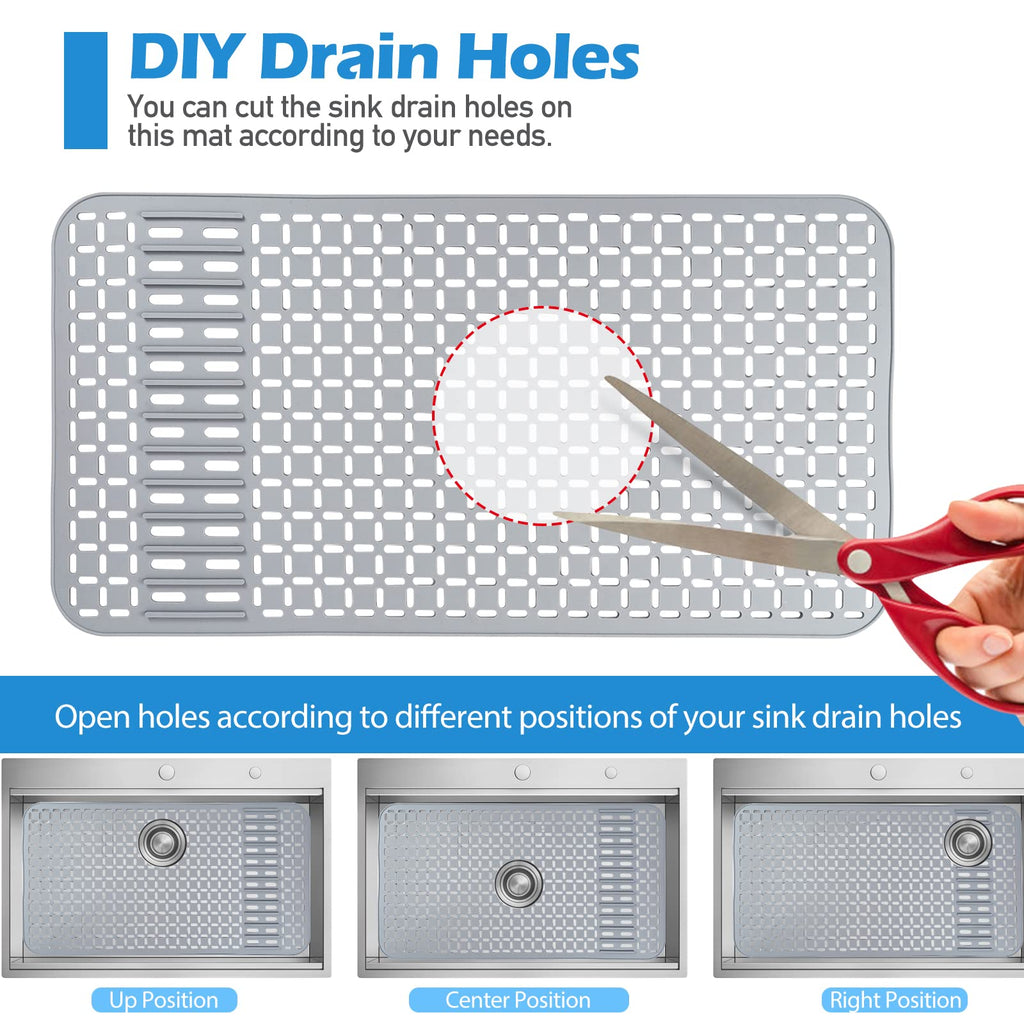 Sentoda Silicone Sink Mat 26x14 Inches – DIY Drain Hole, Large Grey Farmhouse Kitchen Sink Protector