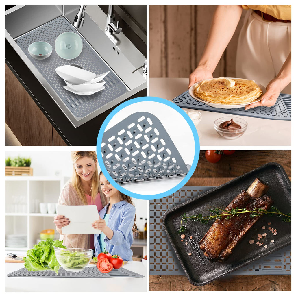 Sentoda Silicone Sink Mat 26x14 Inches – DIY Drain Hole, Large Grey Farmhouse Kitchen Sink Protector
