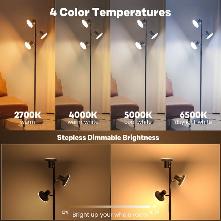 SIBRILLE 36W LED Tree Floor Lamp — Remote, 4 Color Temps, 3 Rotatable Heads