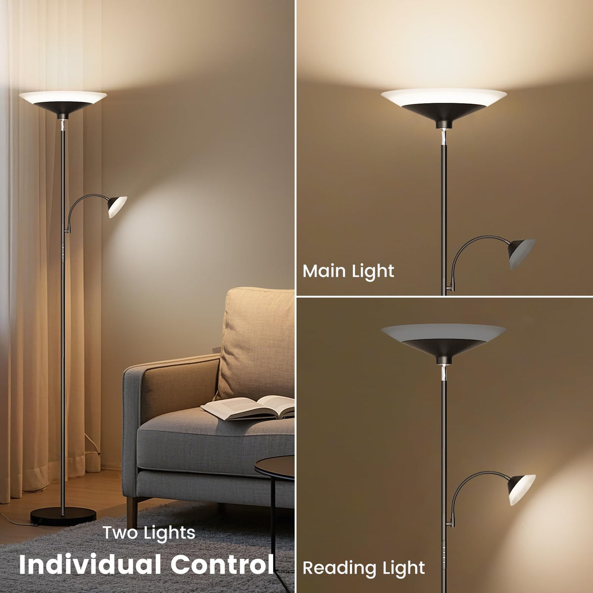 SIBRILLE Upgraded 2-in-1 Torchiere Floor Lamp — Dimmable, Remote & Button Control, 34W Brightness, 2050lm, 72in Tall