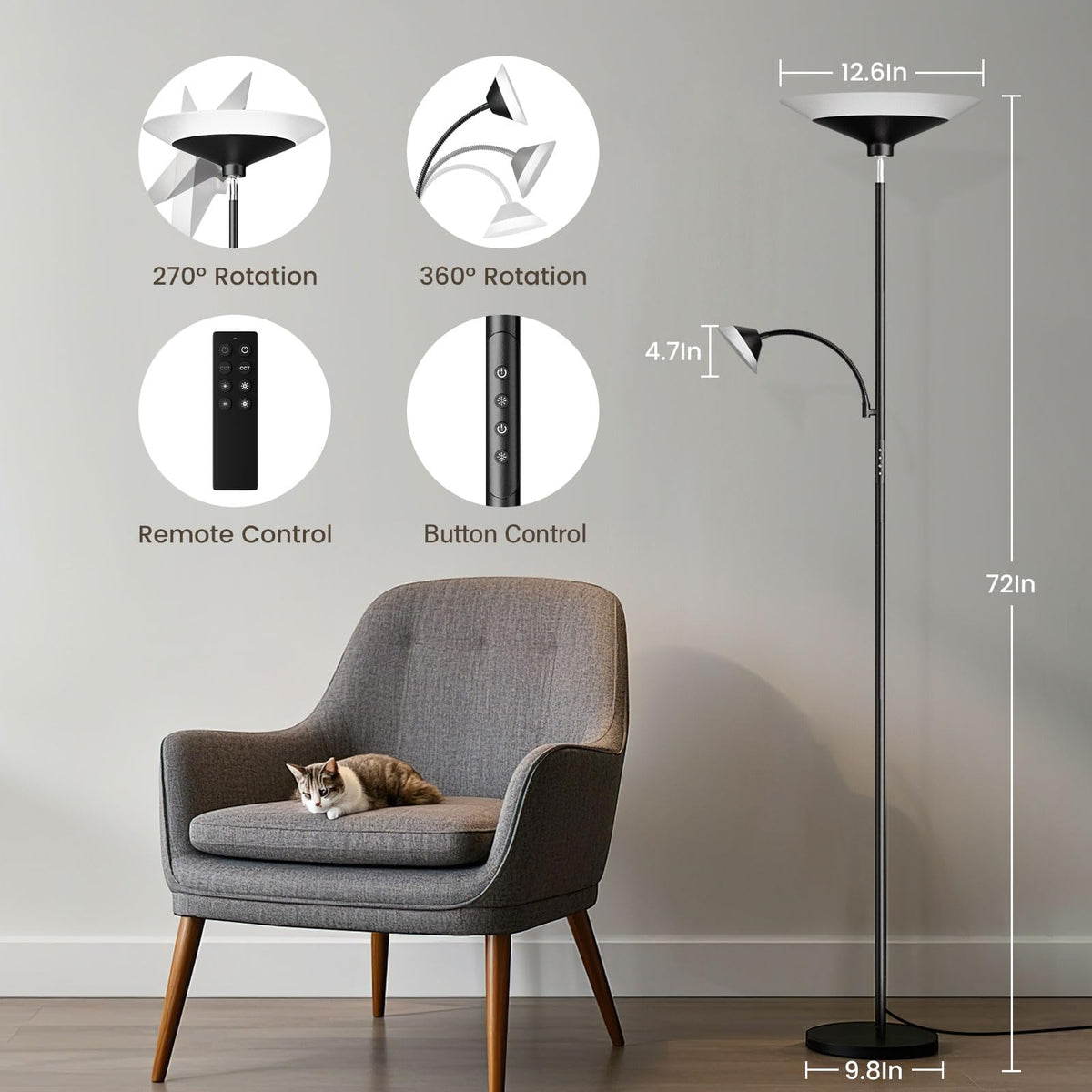 SIBRILLE Upgraded 2-in-1 Torchiere Floor Lamp — Dimmable, Remote & Button Control, 34W Brightness, 2050lm, 72in Tall