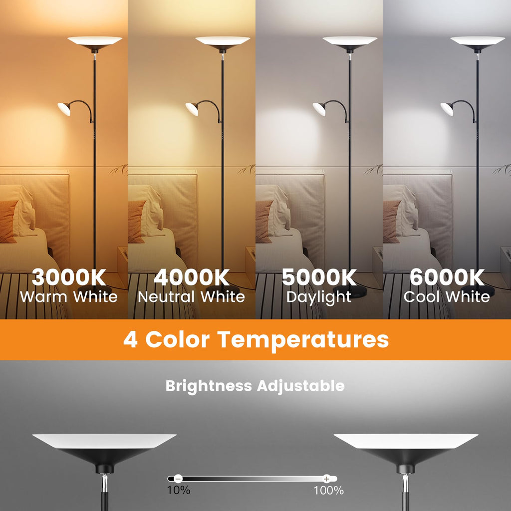 SIBRILLE Upgraded 2-in-1 Torchiere Floor Lamp — Dimmable, Remote & Button Control, 34W Brightness, 2050lm, 72in Tall
