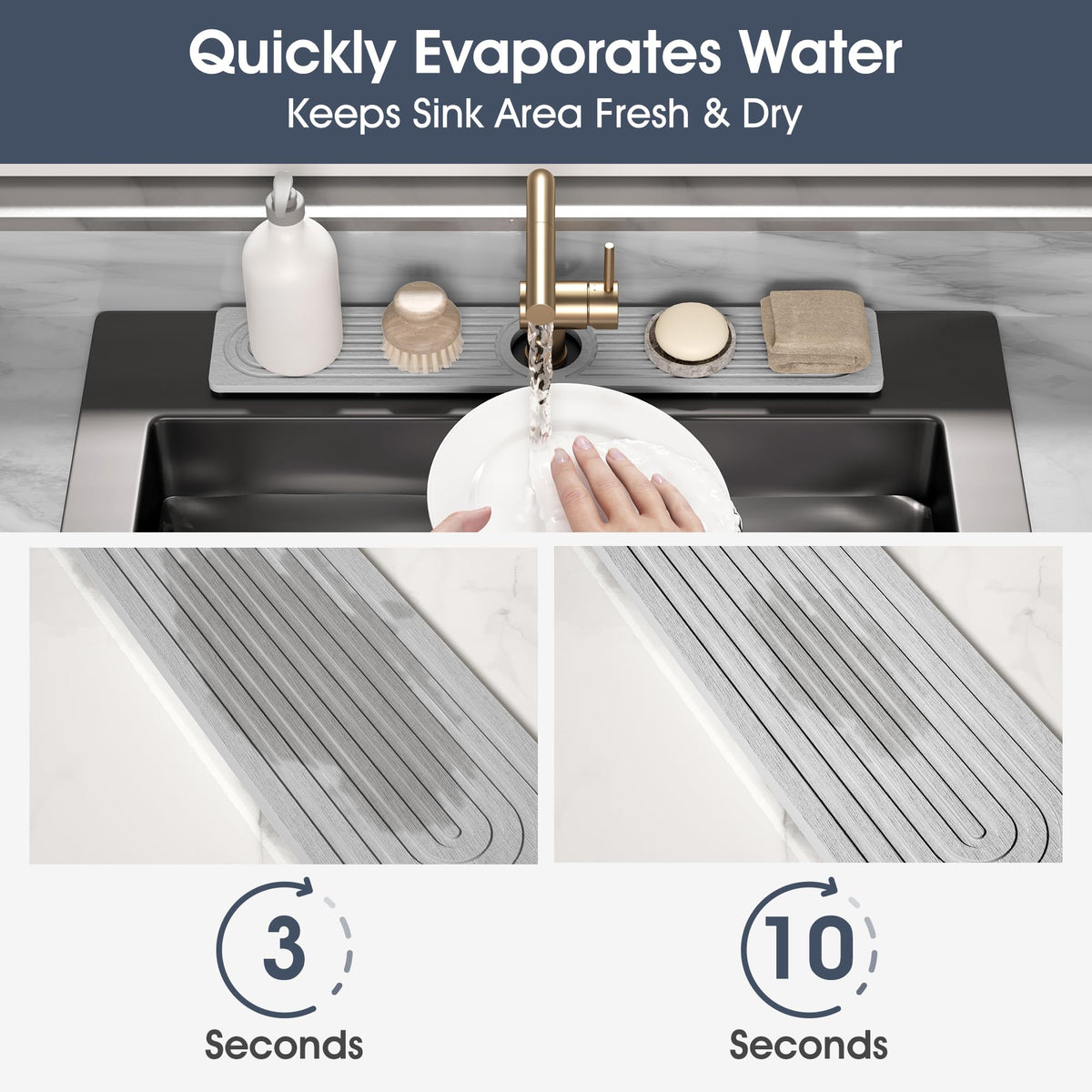 SINKXKOO Quick Drying Diatomite Stone Mat for Kitchen Sink – Absorbs Water & Protects Counters (14" x 3.9", Light Gray)