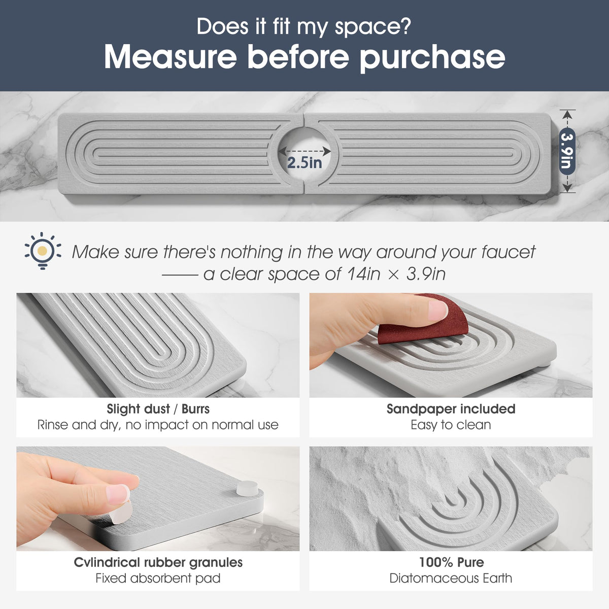 SINKXKOO Quick Drying Diatomite Stone Mat for Kitchen Sink – Absorbs Water & Protects Counters (14" x 3.9", Light Gray)