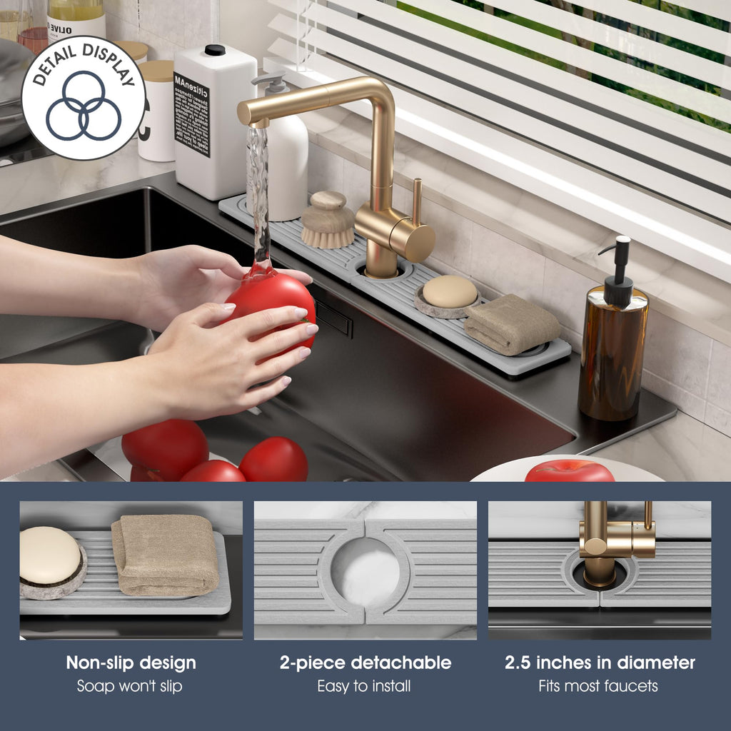 SINKXKOO Quick Drying Diatomite Stone Mat for Kitchen Sink – Absorbs Water & Protects Counters (14" x 3.9", Light Gray)