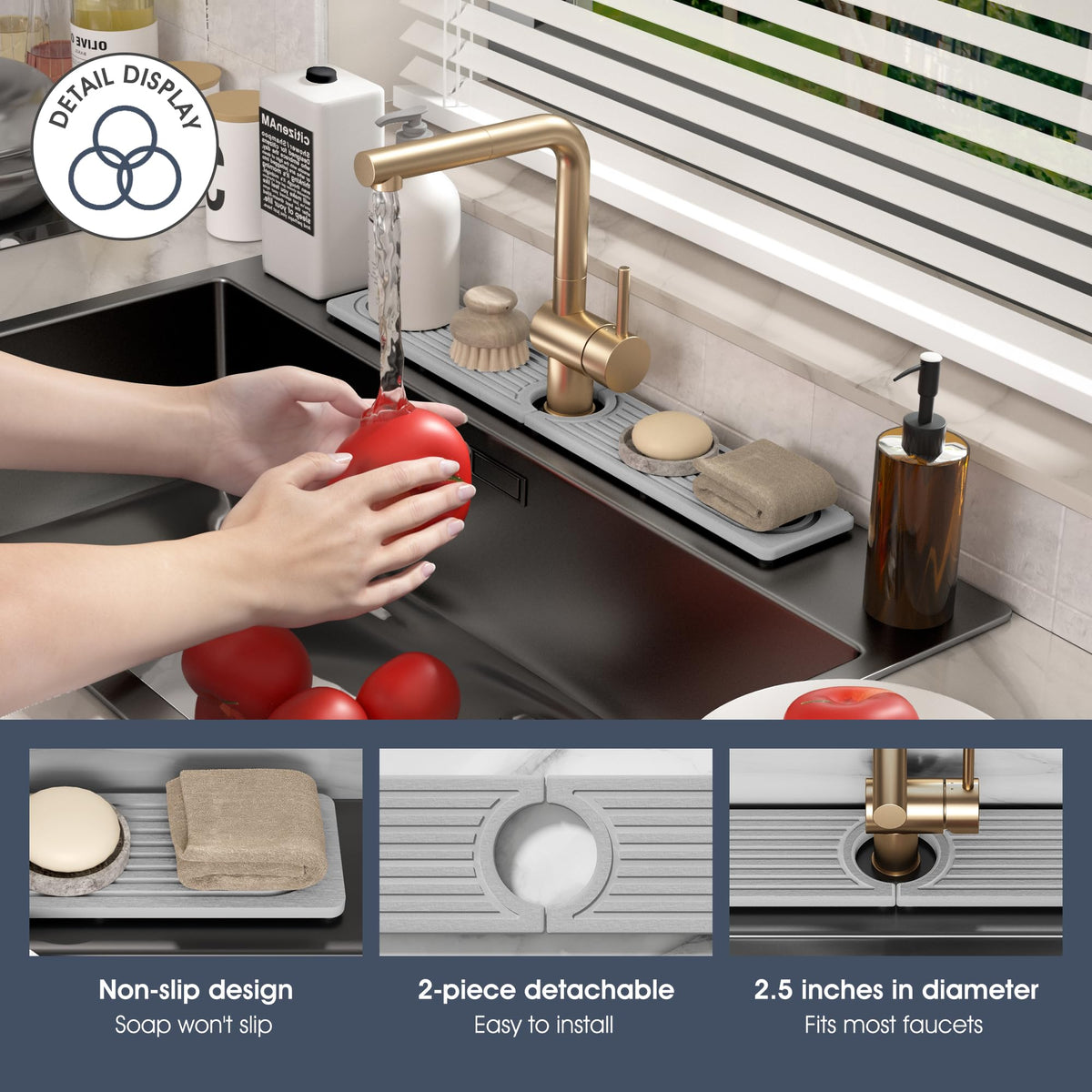 SINKXKOO Quick Drying Diatomite Stone Mat for Kitchen Sink – Absorbs Water & Protects Counters (14" x 3.9", Light Gray)
