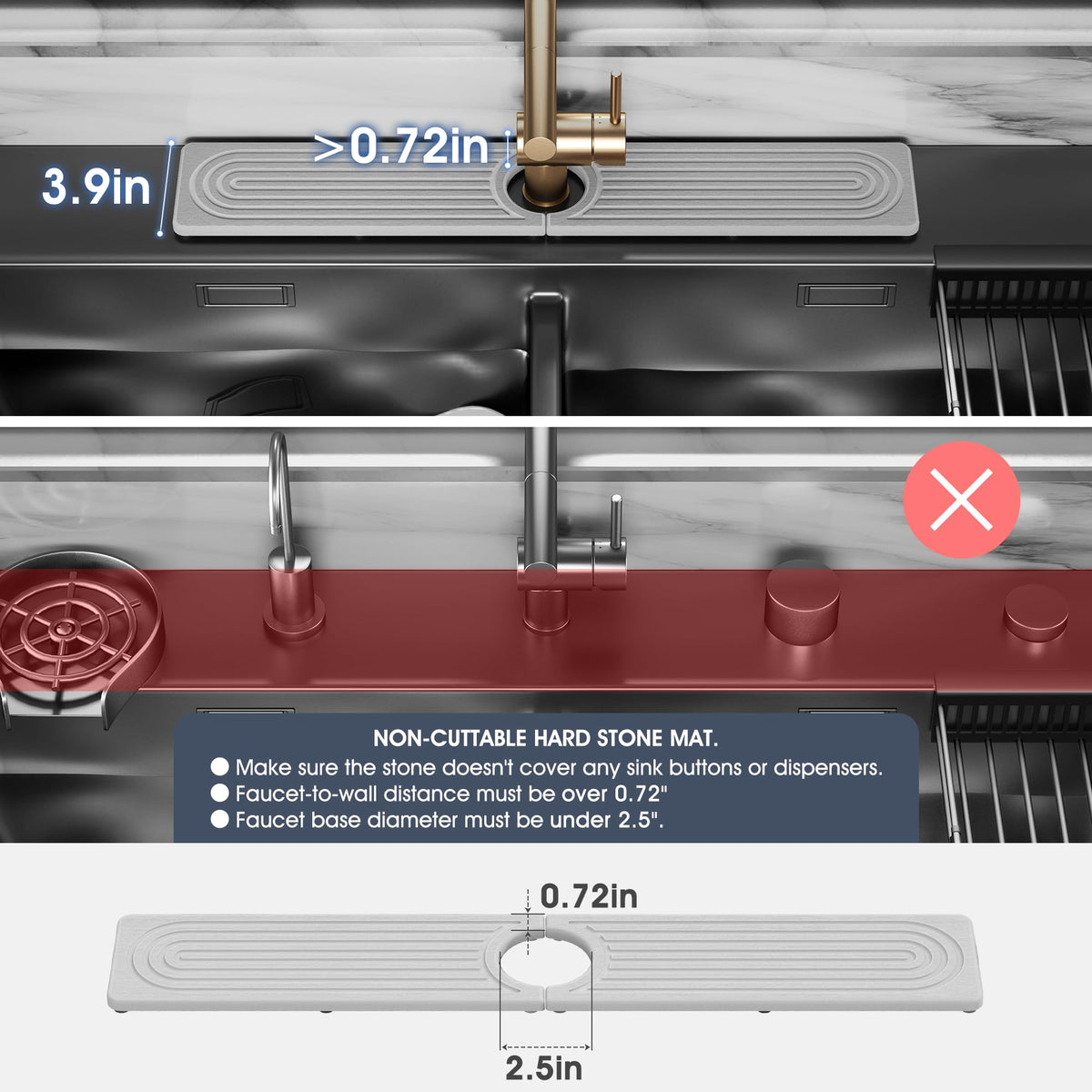 SINKXKOO Quick Drying Diatomite Stone Mat for Kitchen Sink – Absorbs Water & Protects Counters (14" x 3.9", Light Gray)