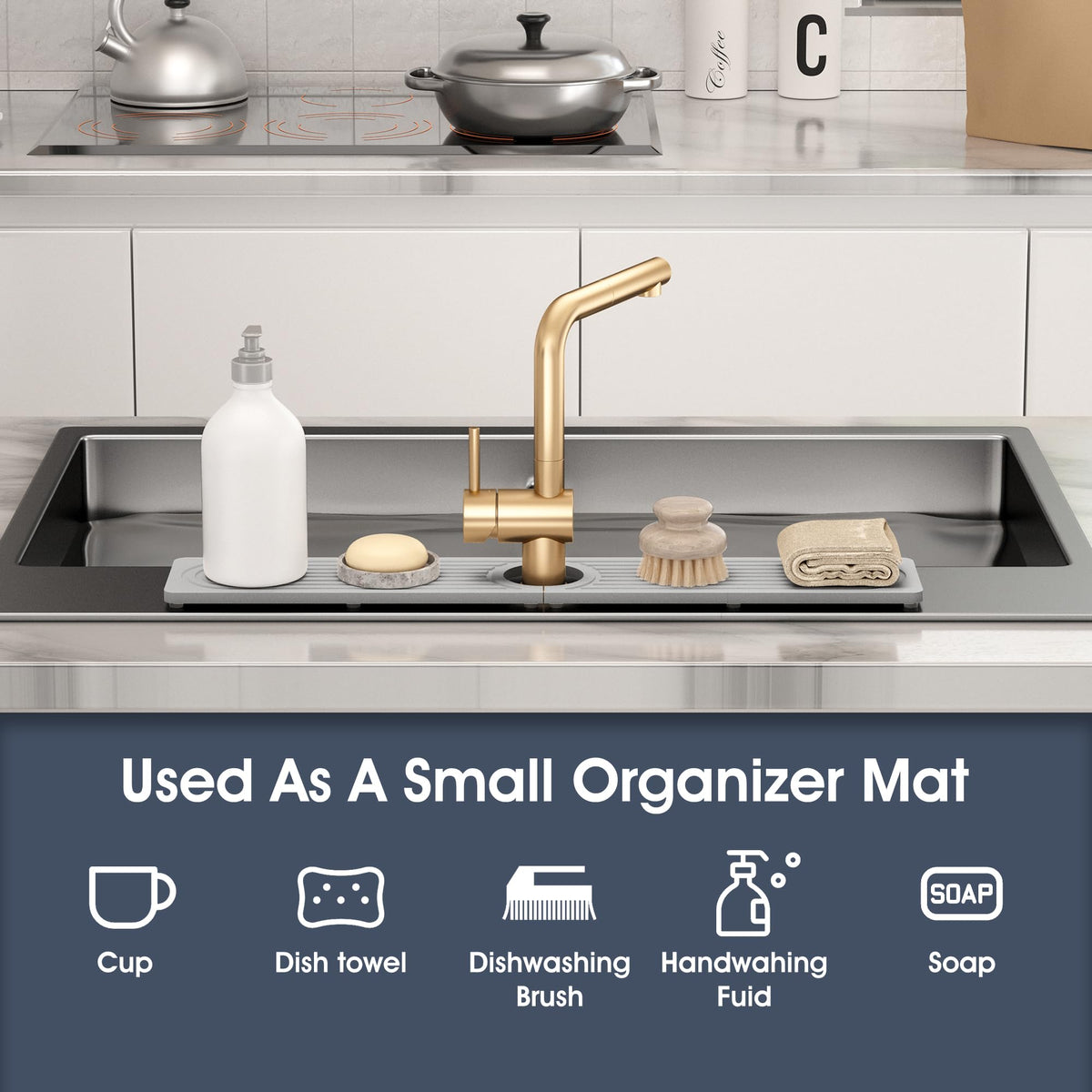 SINKXKOO Quick Drying Diatomite Stone Mat for Kitchen Sink – Absorbs Water & Protects Counters (14" x 3.9", Light Gray)