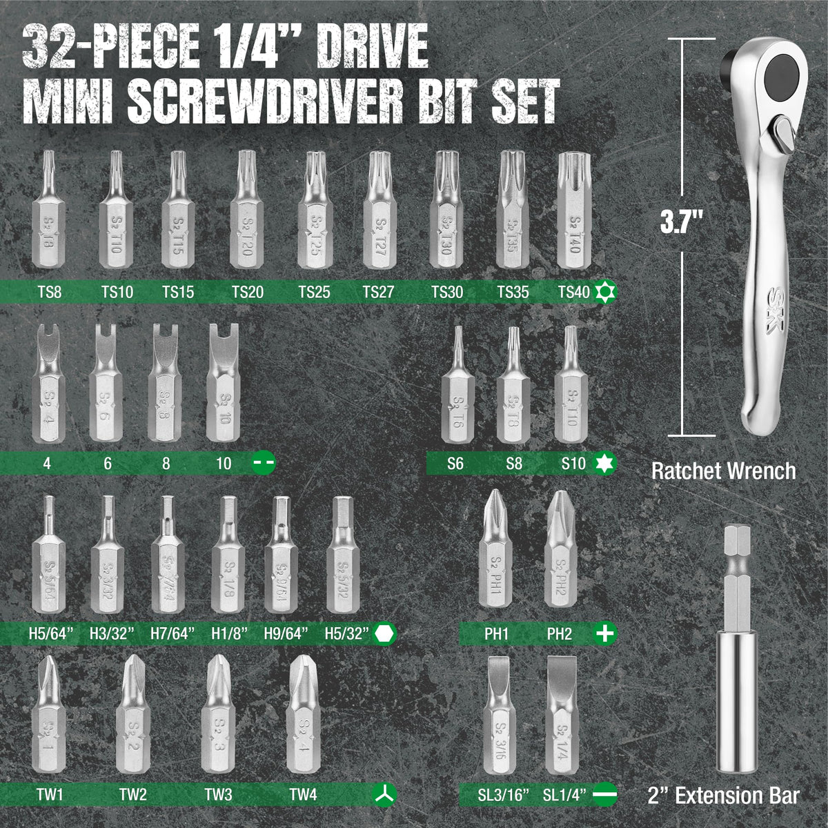SK 1/4-inch Drive Mini Screwdriver Bit Set with 72-Tooth Reversible Ratchet, 32-Piece, S2 Steel Bits, 2-Inch Extension Bar, Storage Case