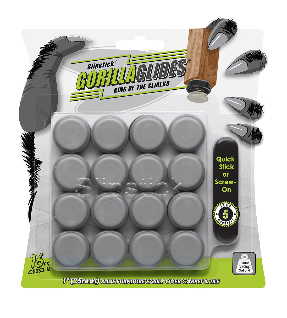 Slipstick GorillaGlides 1-Inch Chair Sliders – 16 Pack for Low-Pile Carpet & Hard Floors
