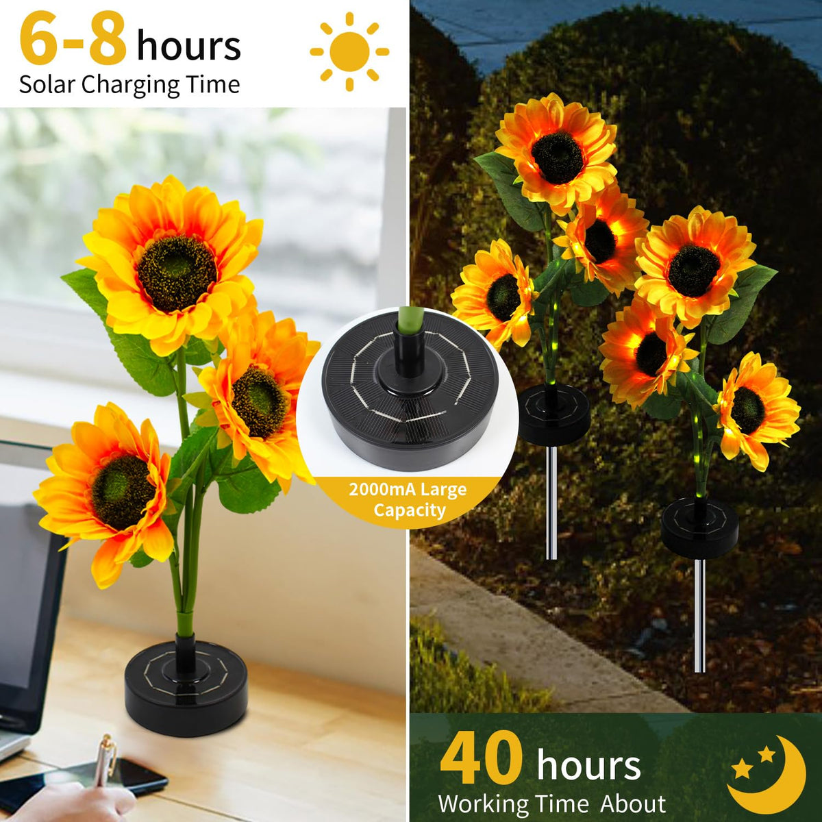 SmileFlowers Sunflower Solar Lights - 40-Hour Outdoor Garden Decor, Waterproof 2-Pack
