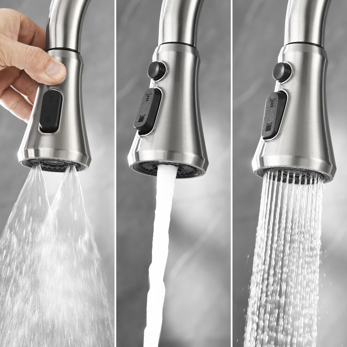 SOEBIZ Kitchen Faucet Head Replacement — 3-Function Pull-Down Sprayer, 15 Adapters, Brushed Nickel