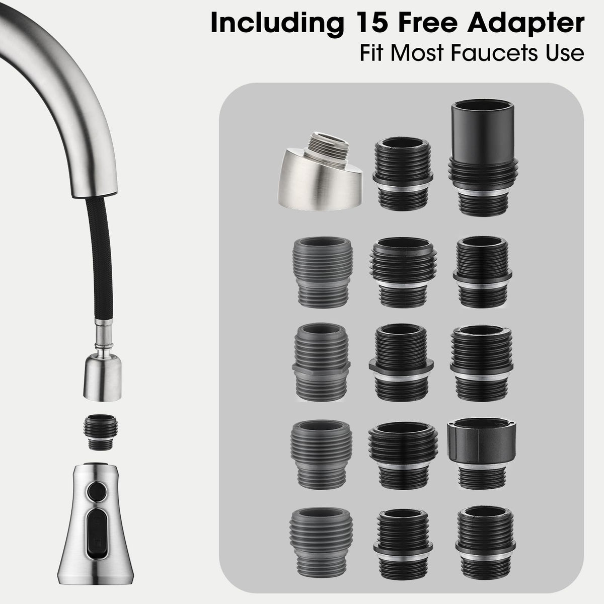 SOEBIZ Kitchen Faucet Head Replacement — 3-Function Pull-Down Sprayer, 15 Adapters, Brushed Nickel