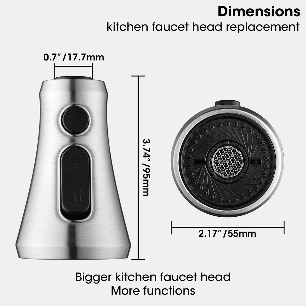 SOEBIZ Kitchen Faucet Head Replacement — 3-Function Pull-Down Sprayer, 15 Adapters, Brushed Nickel