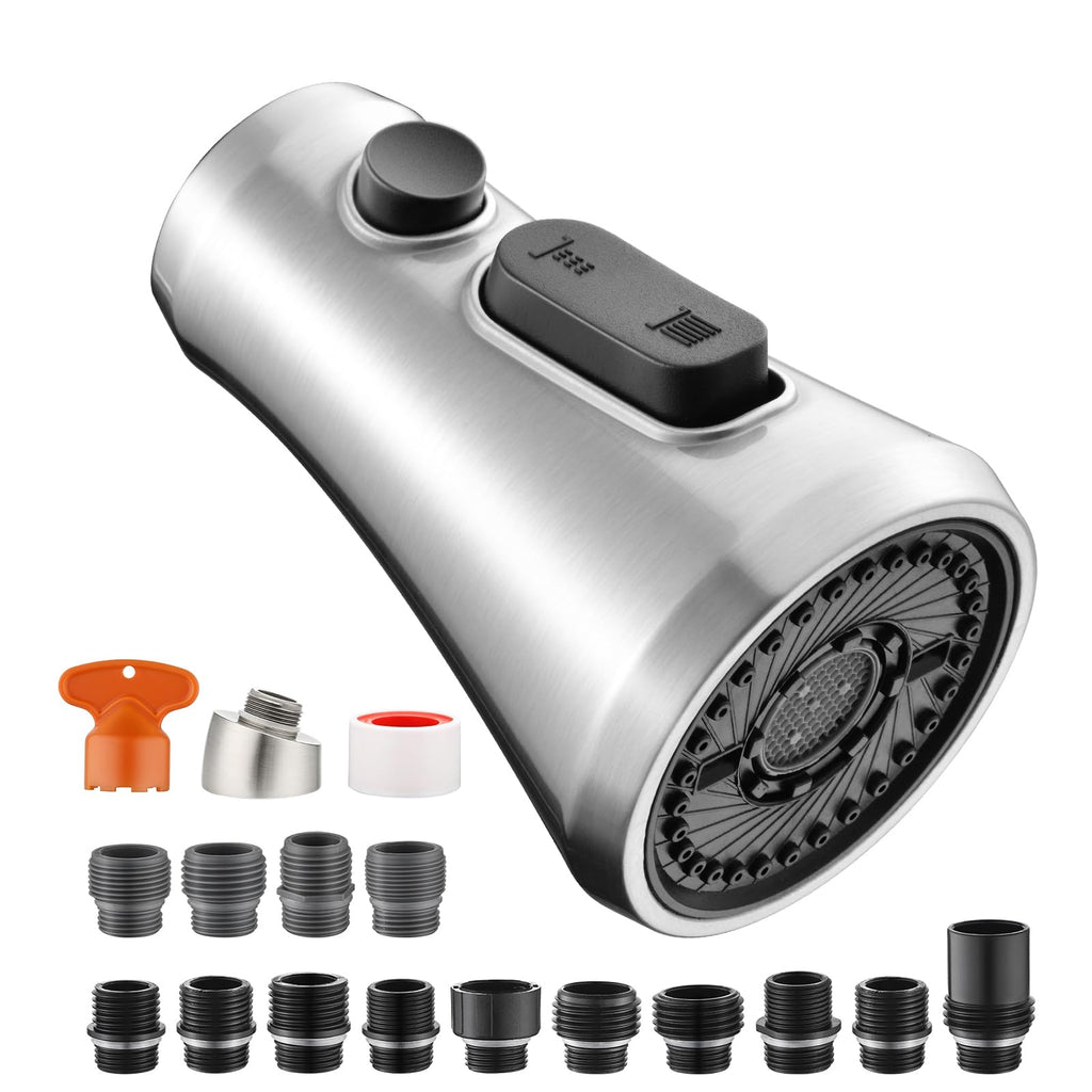 SOEBIZ Kitchen Faucet Head Replacement — 3-Function Pull-Down Sprayer, 15 Adapters, Brushed Nickel