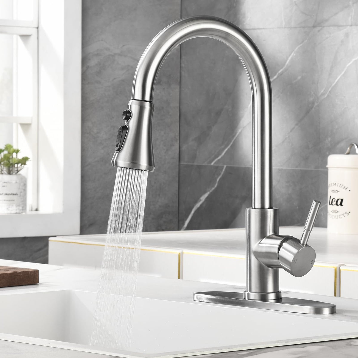 SOEBIZ Kitchen Faucet Head Replacement — 3-Function Pull-Down Sprayer, 15 Adapters, Brushed Nickel