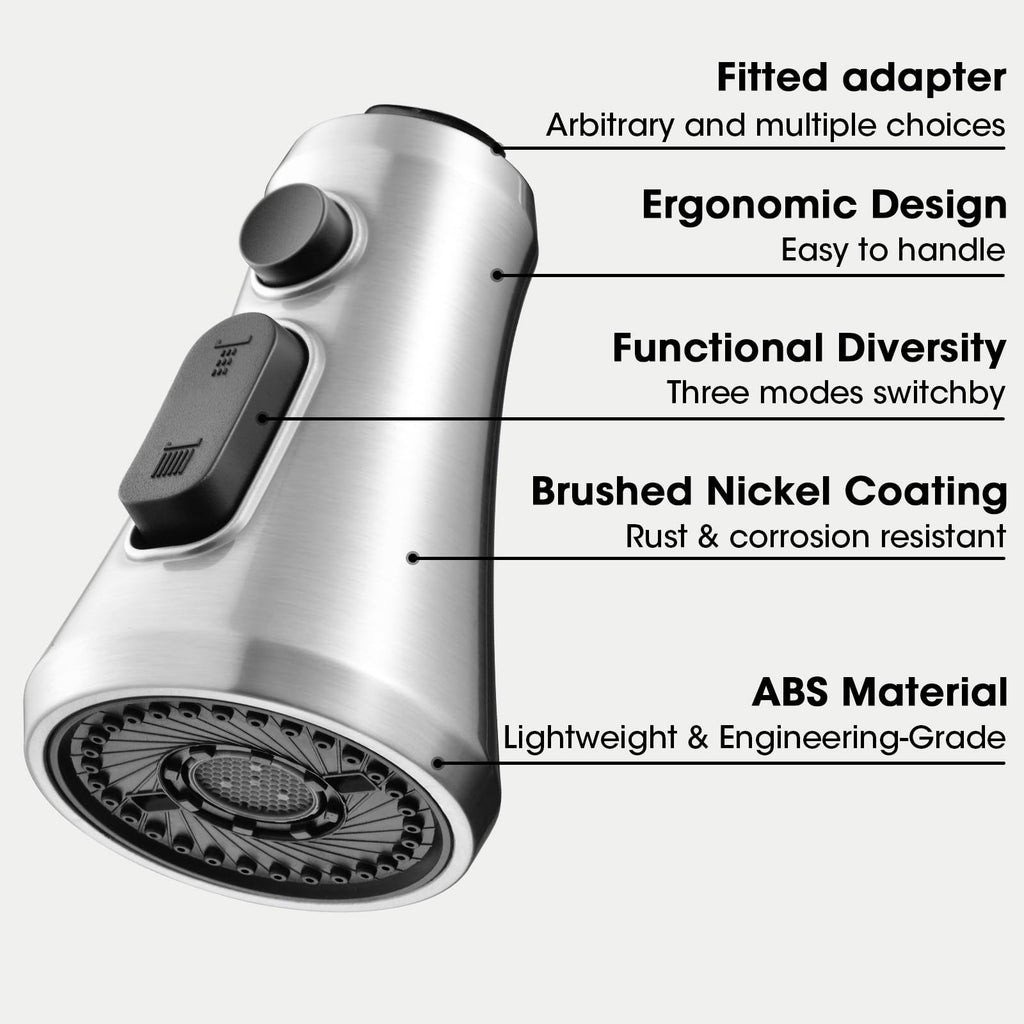 SOEBIZ Kitchen Faucet Head Replacement — 3-Function Pull-Down Sprayer, 15 Adapters, Brushed Nickel