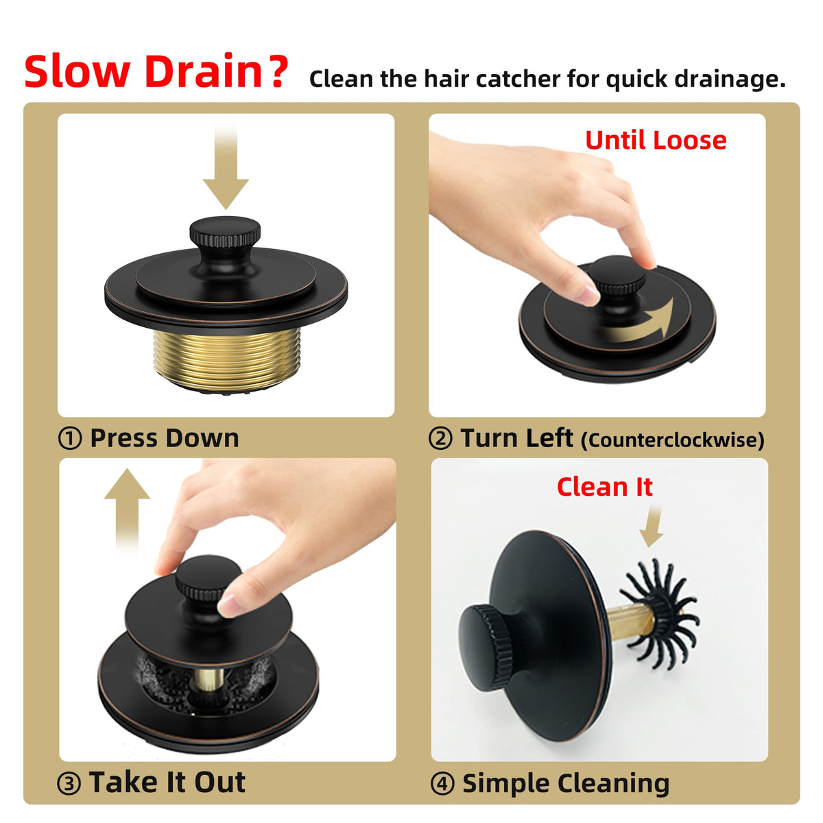 Sogmeter Matte Black Bathtub Drain – Hair Catcher, 2-Hole Overflow Faceplate, Lift & Turn Replacement (11.5/16 UNC)
