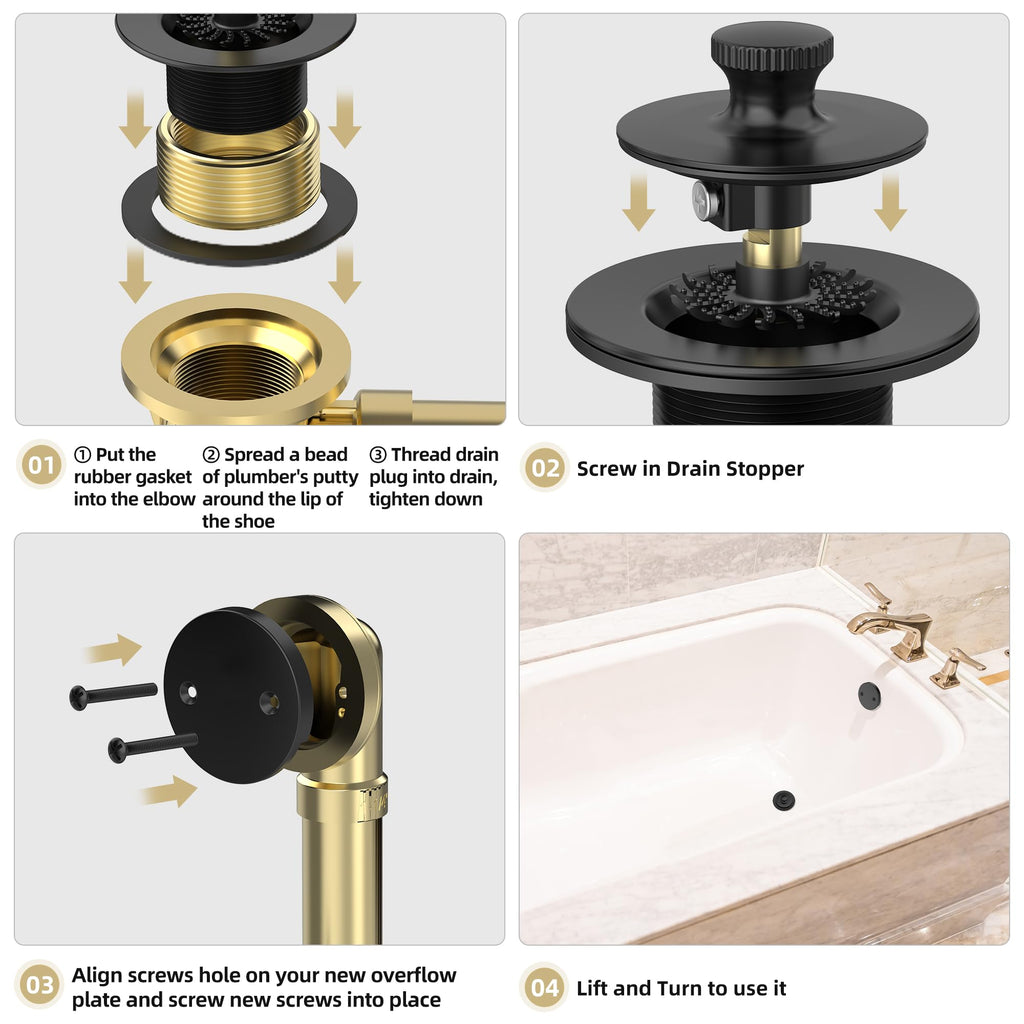Sogmeter Matte Black Bathtub Drain – Hair Catcher, 2-Hole Overflow Faceplate, Lift & Turn Replacement (11.5/16 UNC)
