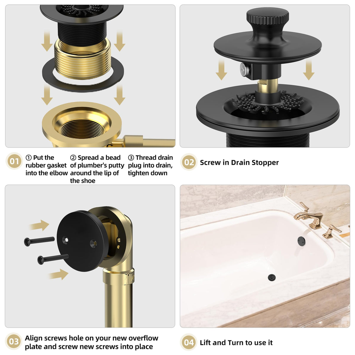 Sogmeter Matte Black Bathtub Drain – Hair Catcher, 2-Hole Overflow Faceplate, Lift & Turn Replacement (11.5/16 UNC)