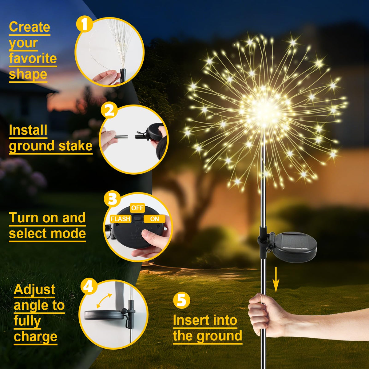 Soomit Solar Garden Lights – 2 Pack, 120 LED Twinkling Firework Outdoor Lights (Warm White)
