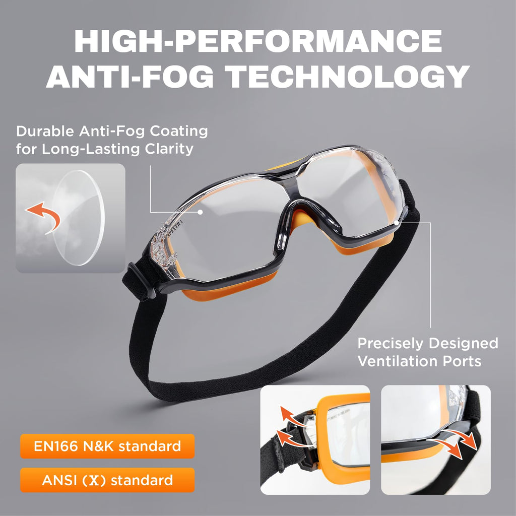 SPEXTRA Safety Goggles - Anti-Fog Clear Lens, ANSI Z87.1 Protection, UV Blocking, RX Insert Optional