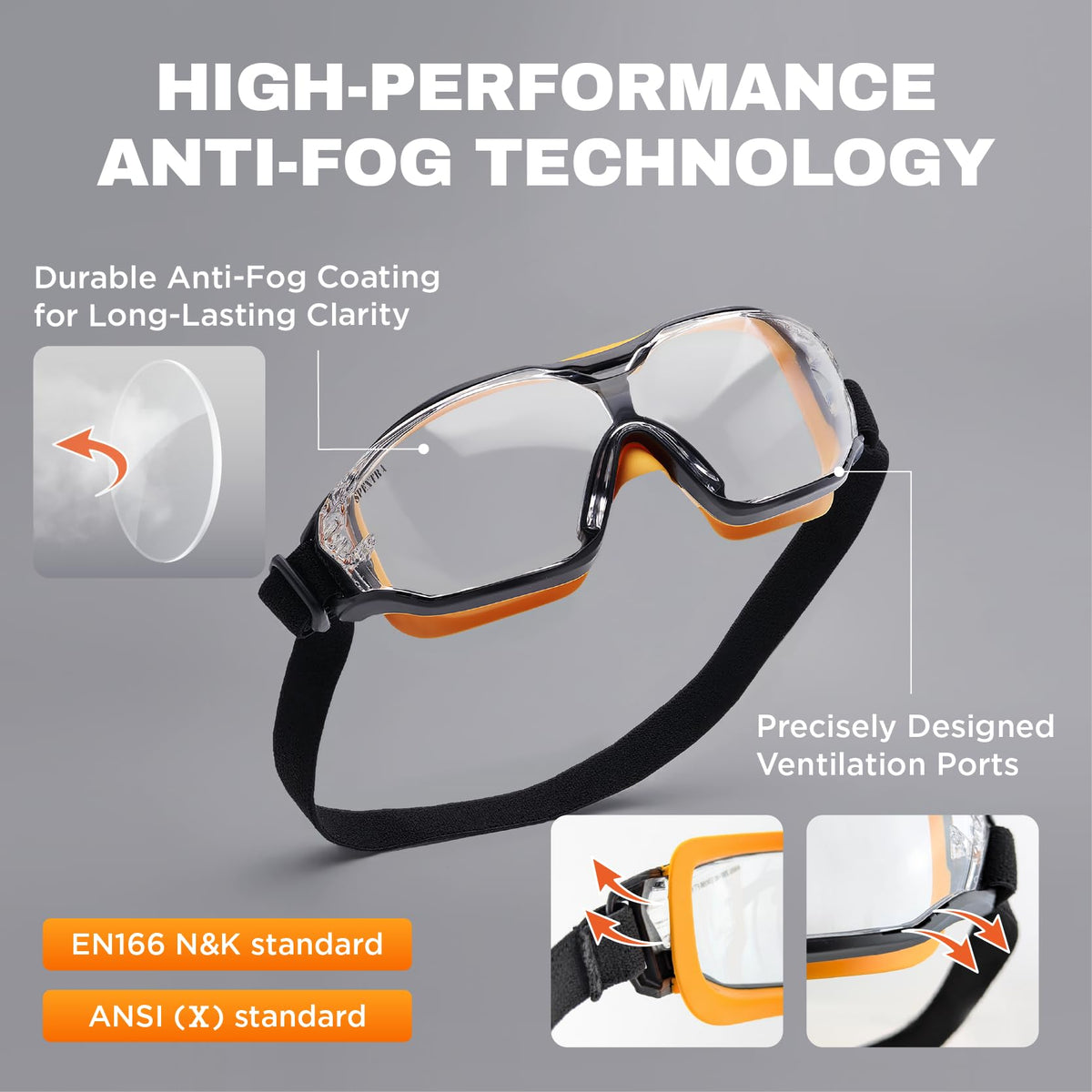 SPEXTRA Safety Goggles - Anti-Fog Clear Lens, ANSI Z87.1 Protection, UV Blocking, RX Insert Optional