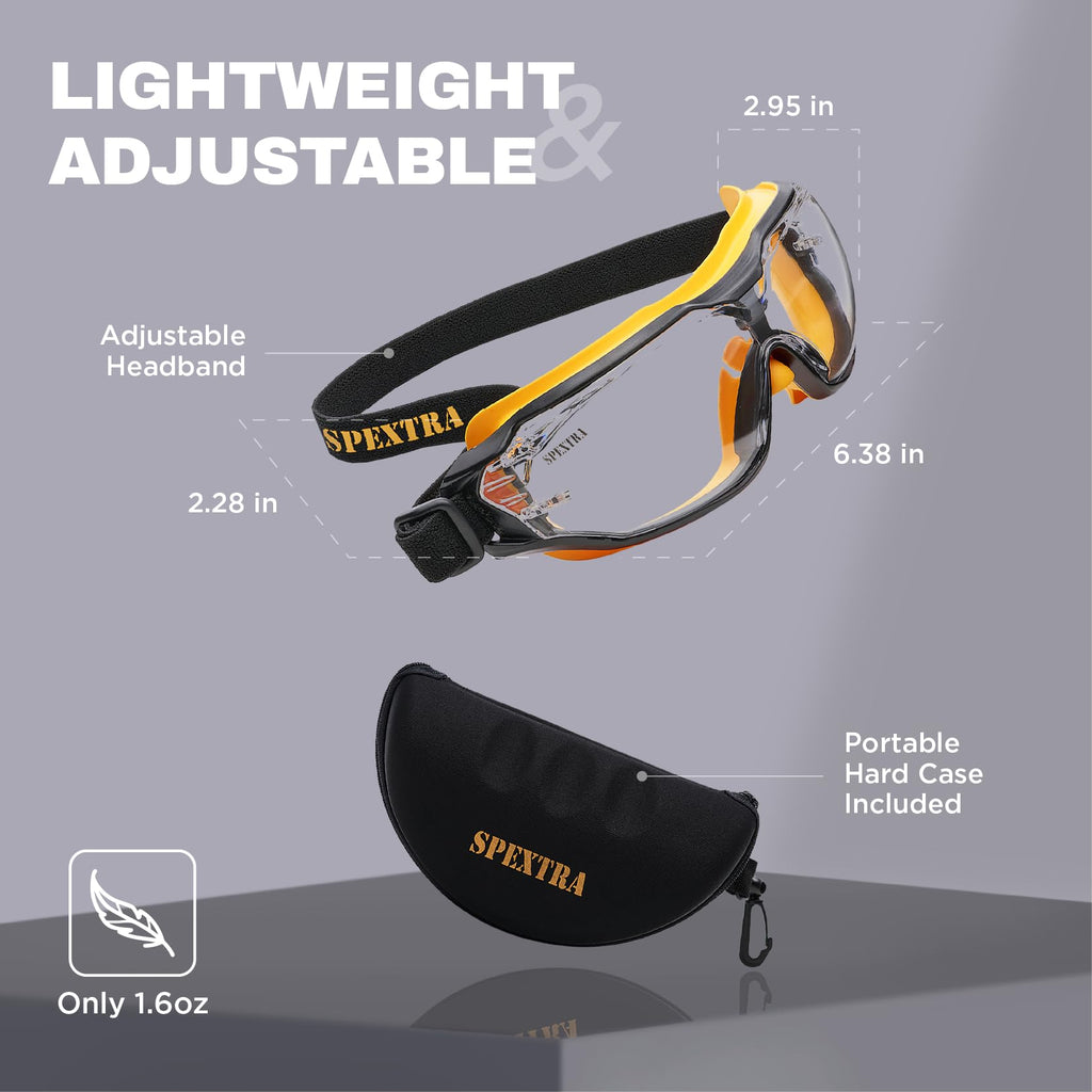 SPEXTRA Safety Goggles - Anti-Fog Clear Lens, ANSI Z87.1 Protection, UV Blocking, RX Insert Optional