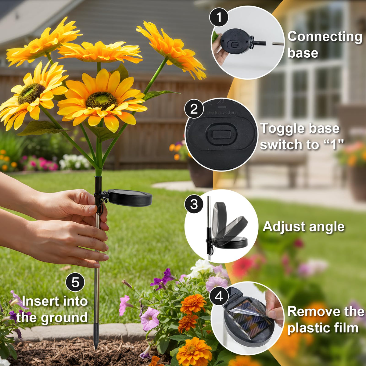 suddus Sunflower Lights – Outdoor Solar Garden Lights (2-Pack) with Real-Looking Sunflowers