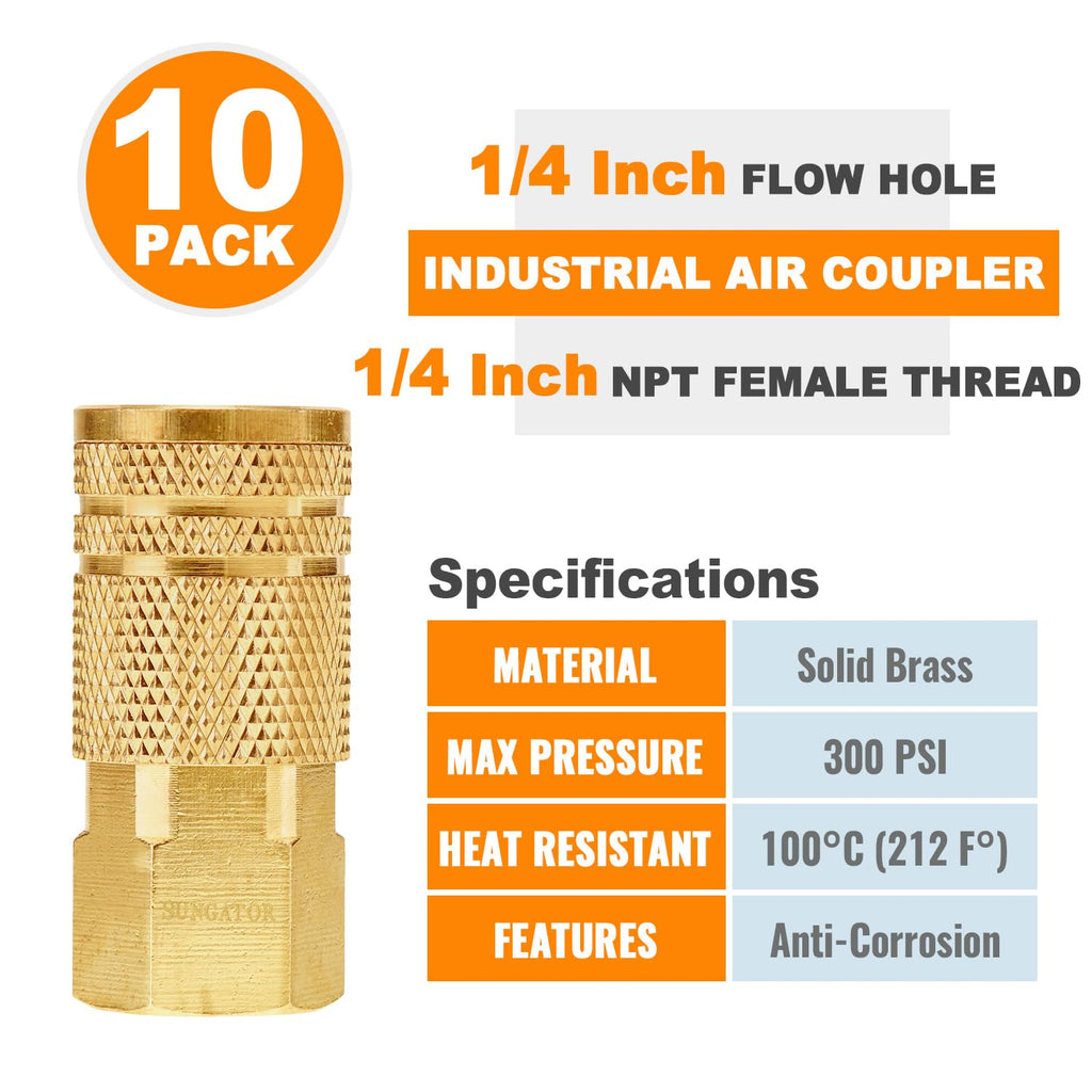 SUNGATOR 1/4-inch Brass NPT Female Air Couplers – 10-Pack Quick Connect Fittings