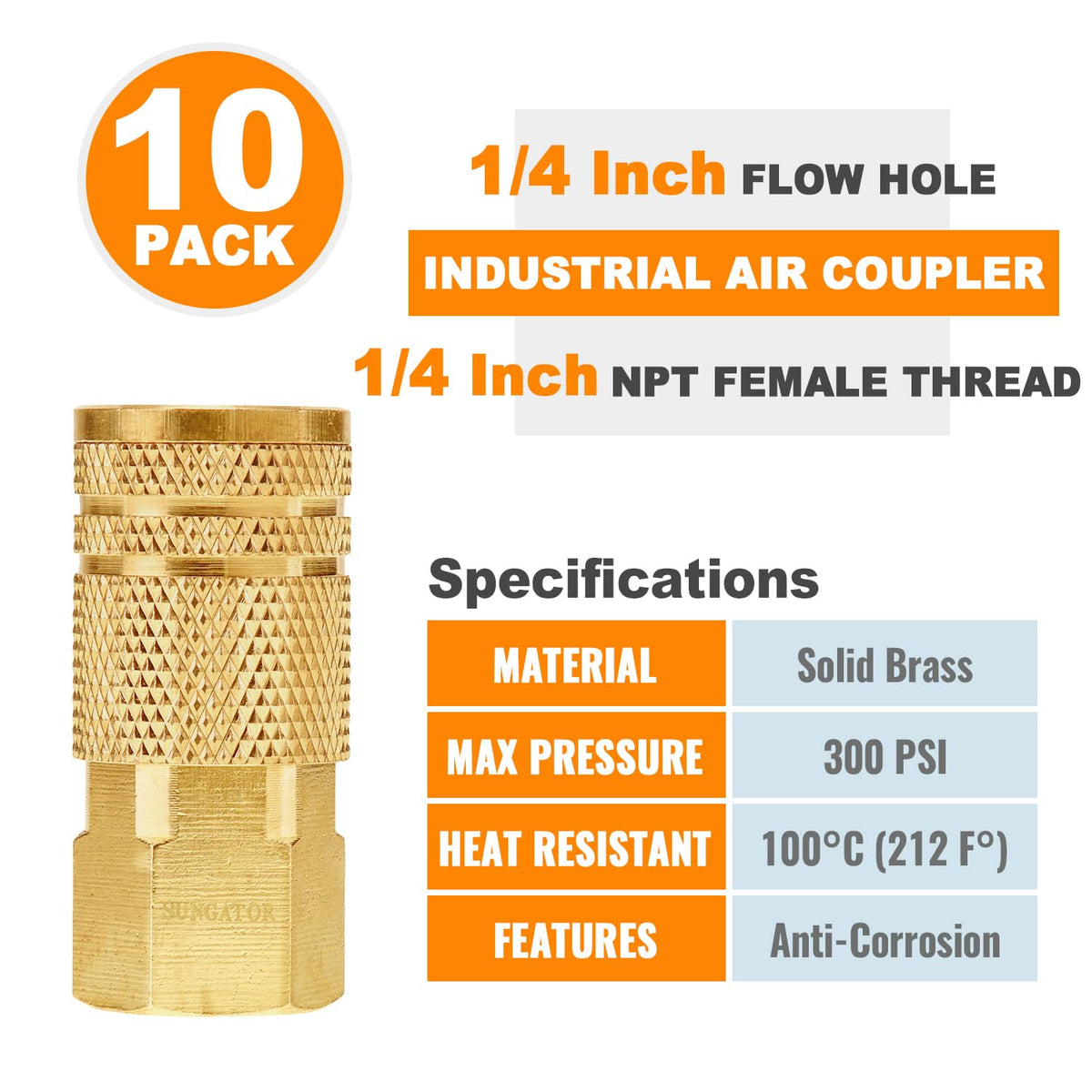 SUNGATOR 1/4-inch Brass NPT Female Air Couplers – 10-Pack Quick Connect Fittings