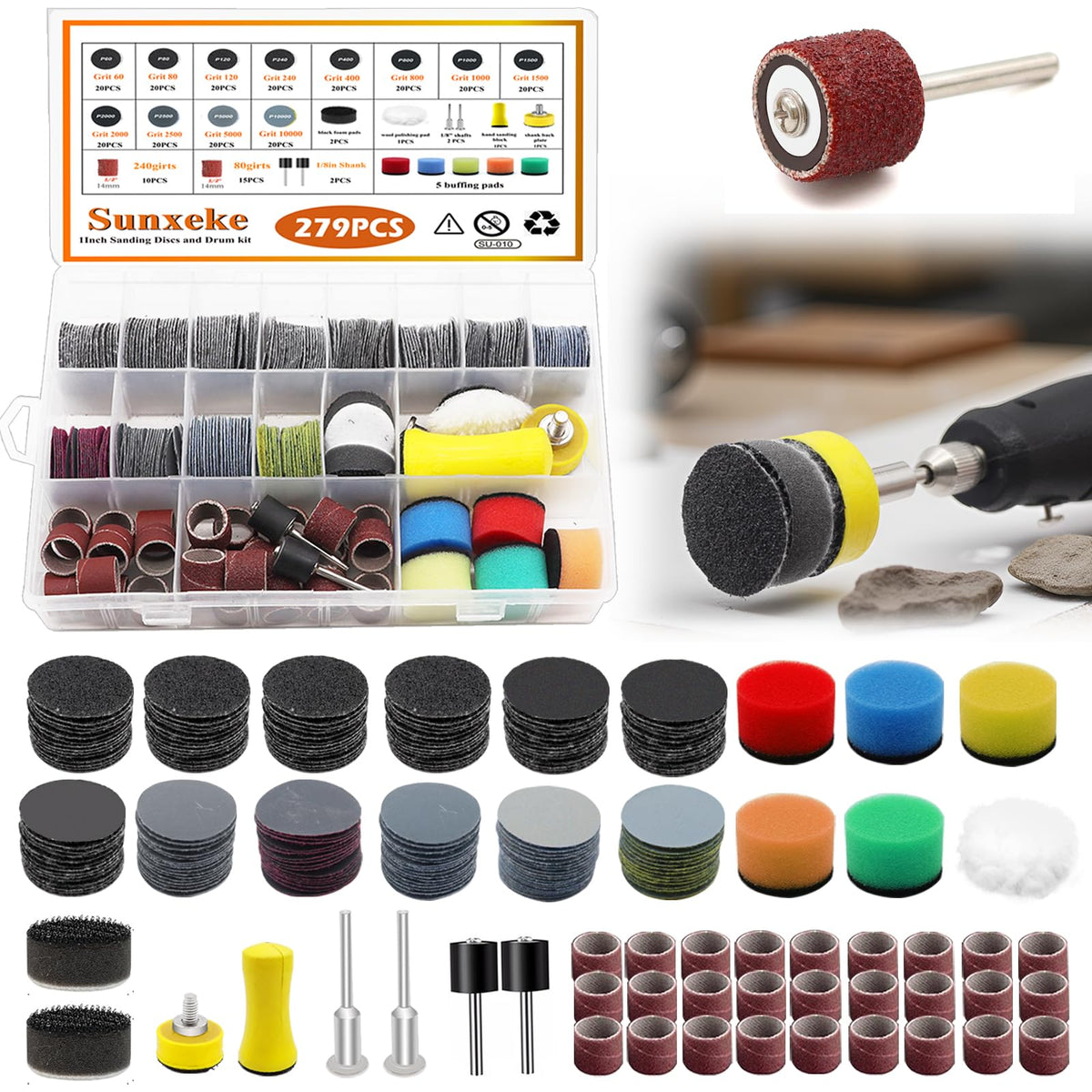 Sunxeke 279PCS 1-Inch Sanding Discs & Drum Kit for Dremel Tools – Wet/Dry Sanding, Polishing, Jewelry Making