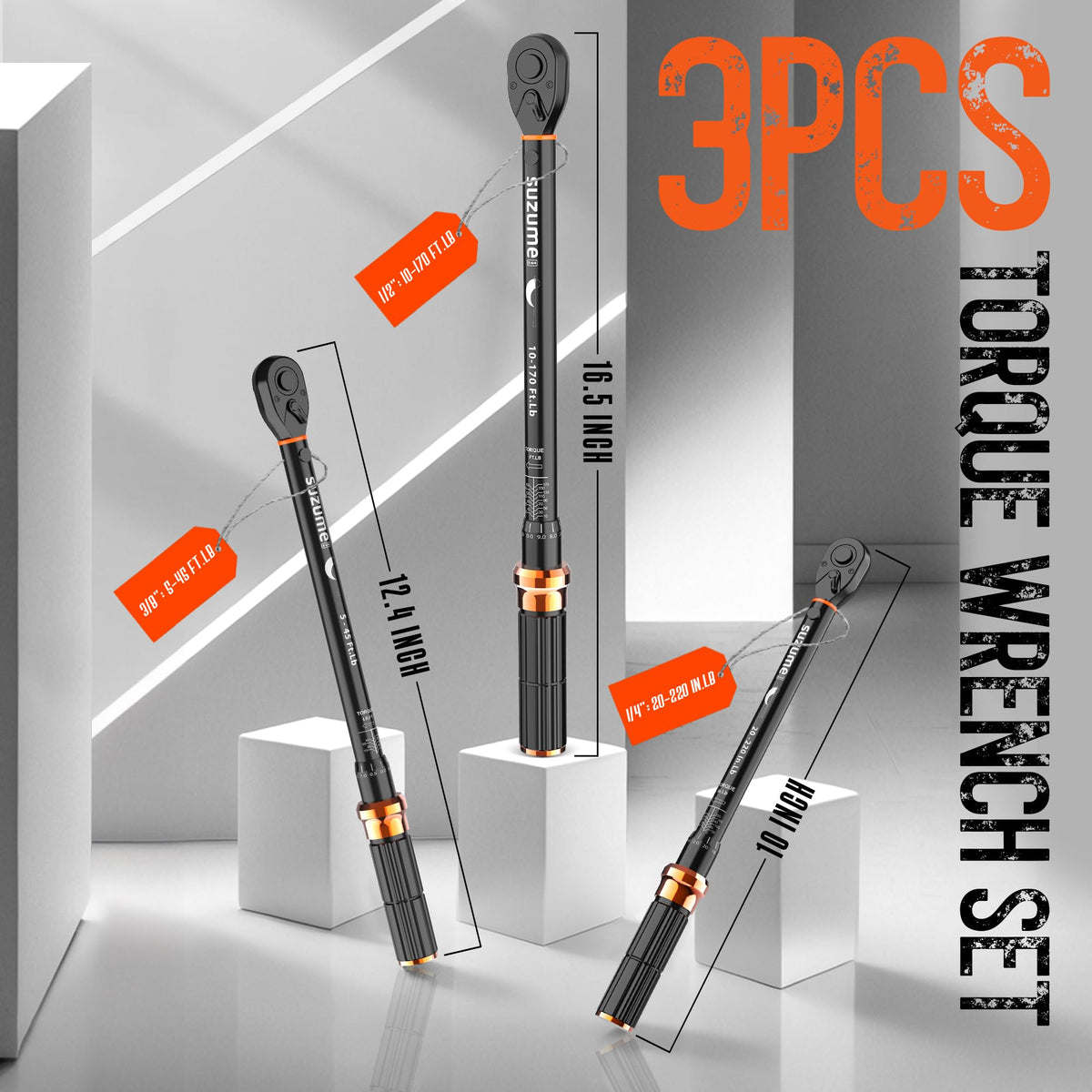 SUZUME 3PCS Torque Wrench Set – 1/4, 3/8, 1/2 Inch Dual-Drive, ±3% Accuracy