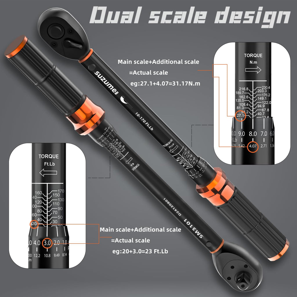 SUZUME 3PCS Torque Wrench Set – 1/4, 3/8, 1/2 Inch Dual-Drive, ±3% Accuracy