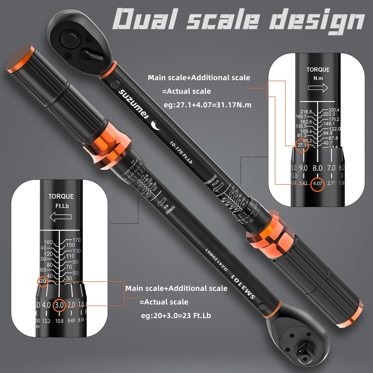 SUZUME 3PCS Torque Wrench Set – 1/4, 3/8, 1/2 Inch Dual-Drive, ±3% Accuracy