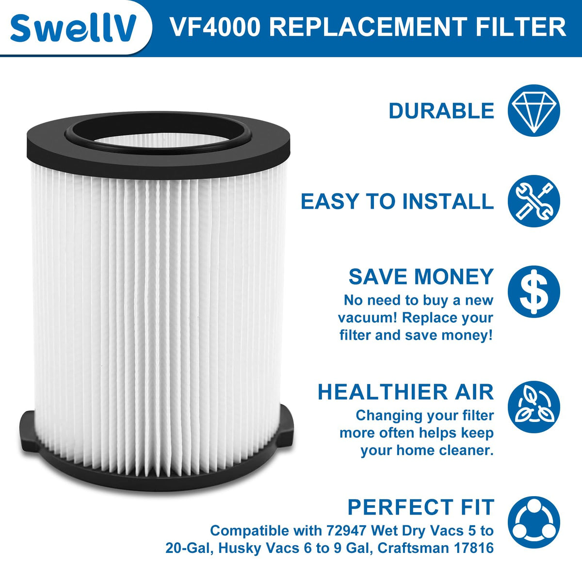 SwellV VF4000 Replacement Filter for Wet/Dry Vacuums | 5-20 Gal, Husky 6-9 Gal Compatible