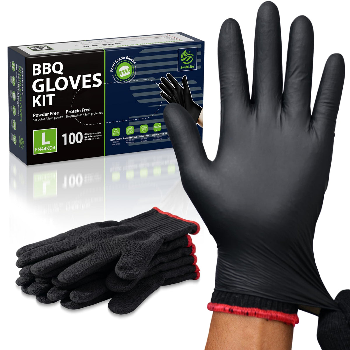 SWIFTLITE BBQ Gloves - Heat-Resistant Cotton Liners + 100 Nitrile Gloves for Grilling, Cooking & Smoking | Large, Black