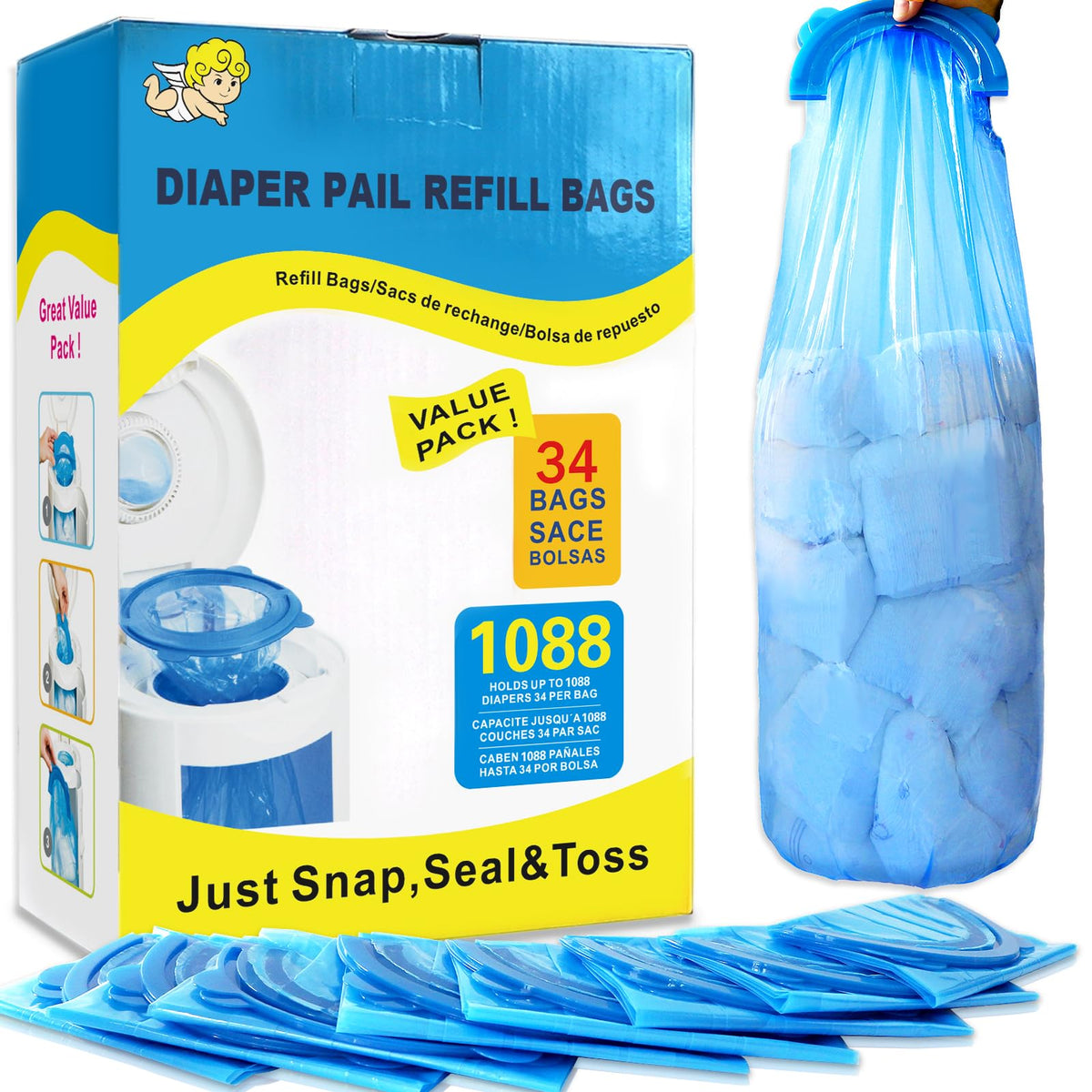 SYAOMUNLY Diaper Pail Refill Bags – 34-Count, 1088 Nappies, Arm & Hammer Compatible