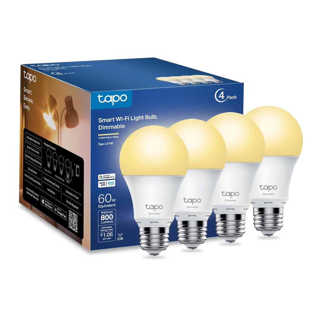 Tapo L510E 4-Pack Smart Wi-Fi LED Bulbs — 800 Lumens, 2700K Warm White, Dimmable, A19 E26, Alexa/Google Home, No Hub