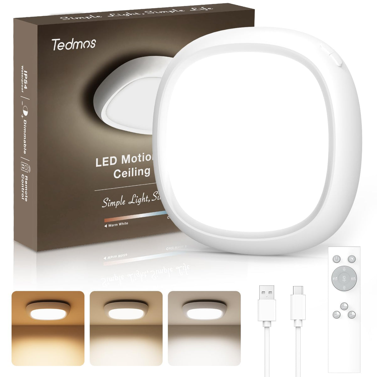 Tedmos Rechargeable Shower Light for Inside Shower – Motion Sensor, Remote, 12000mAh