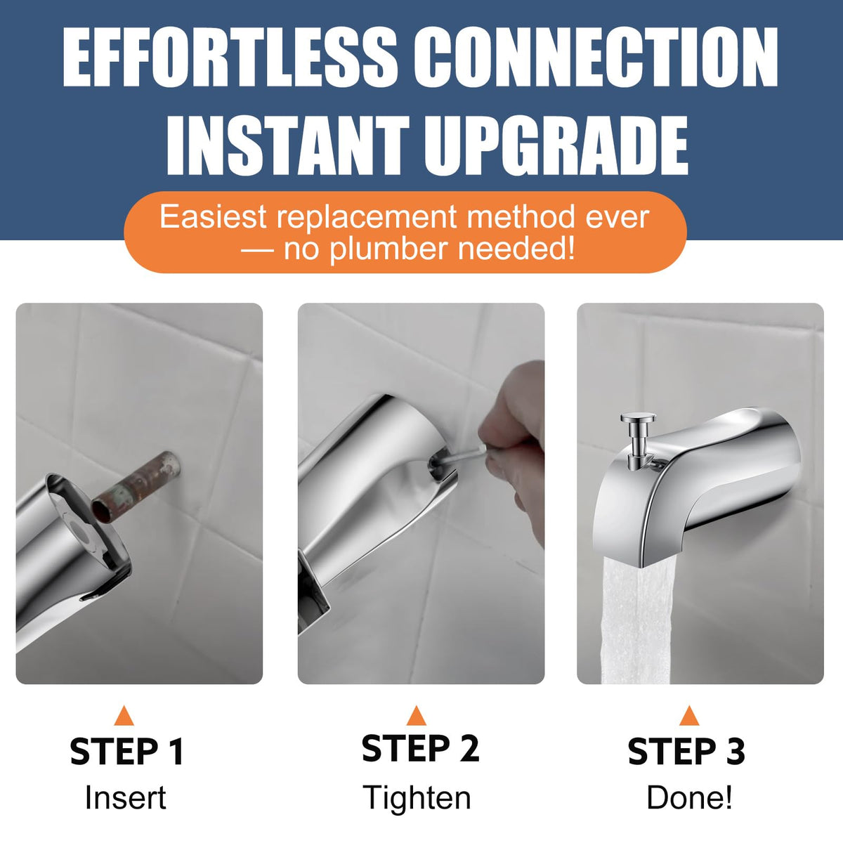 TEVIORA Tub Spout with Pull-Down Diverter – Slip-Fit 1/2" Copper, Easy DIY Install, Chrome