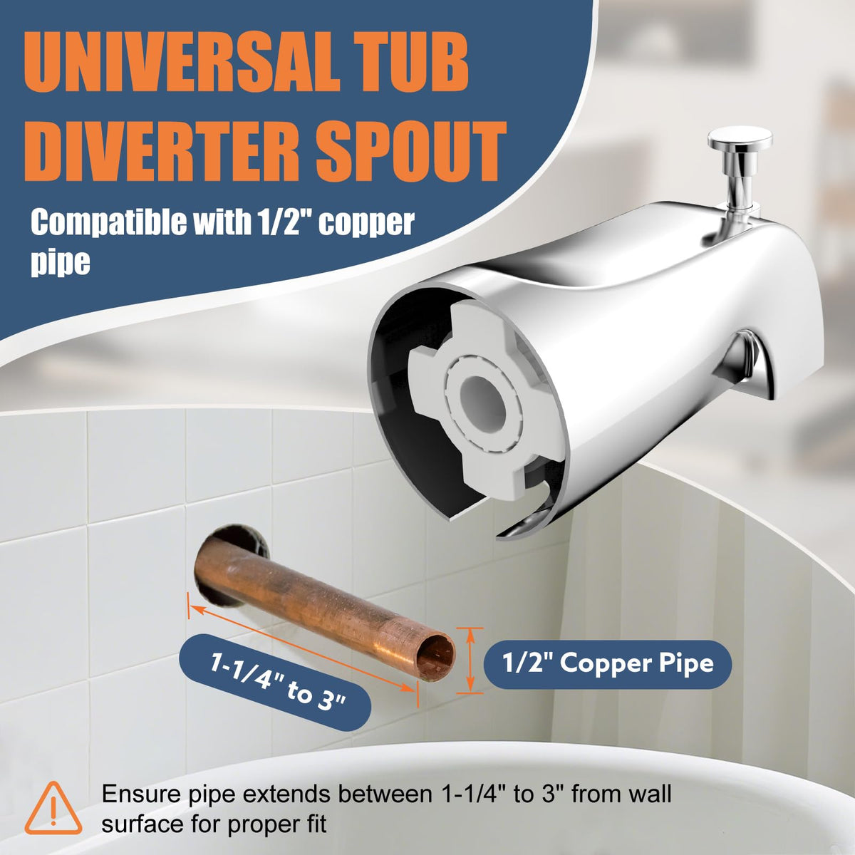 TEVIORA Tub Spout with Pull-Down Diverter – Slip-Fit 1/2" Copper, Easy DIY Install, Chrome