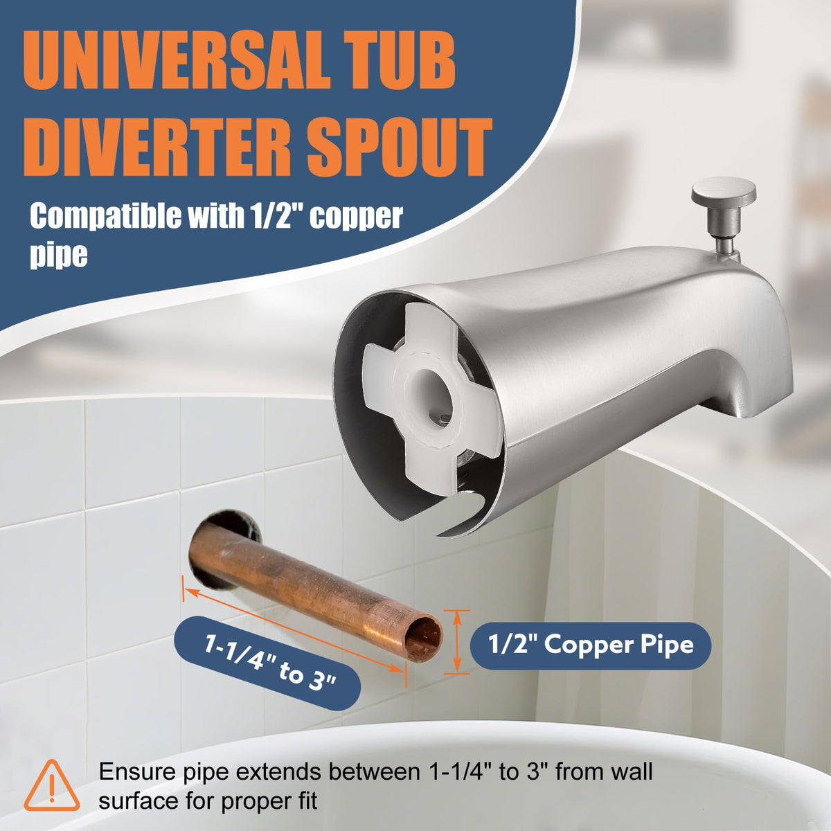 TEVIORA Tub Spout with Pull-Down Diverter – Slip-Fit 1/2-Inch Copper, Brushed Nickel