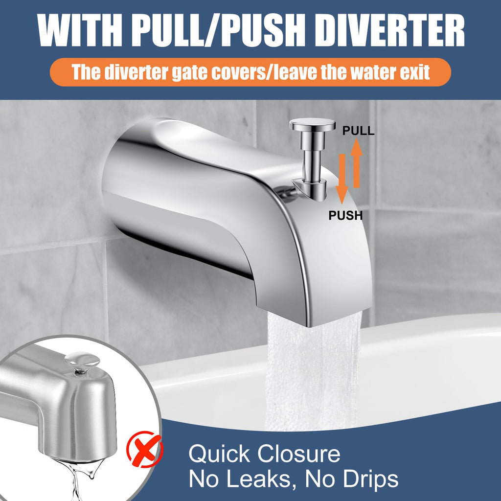 TEVIORA Tub Spout with Pull-Down Diverter – Slip-Fit 1/2" Copper, Easy DIY Install, Chrome